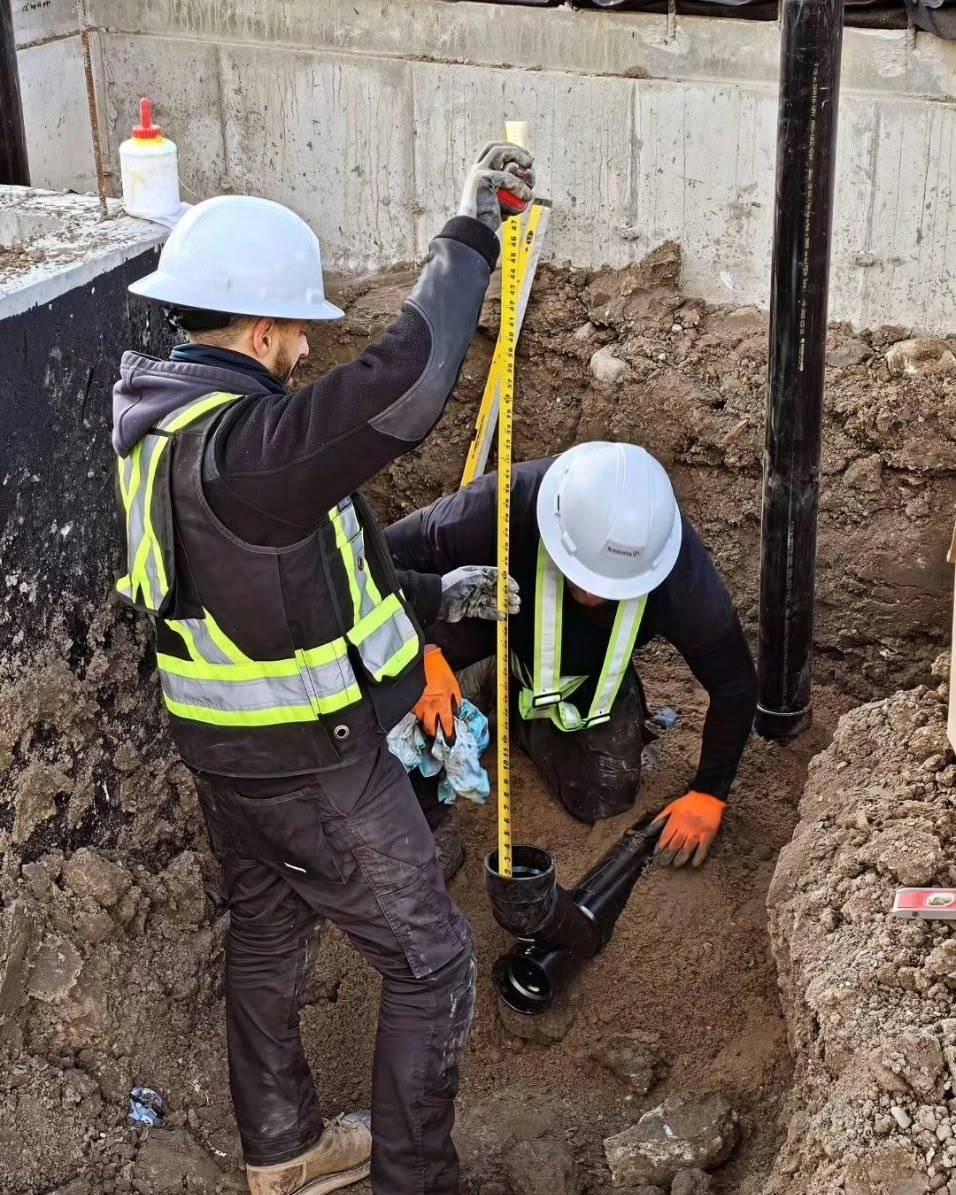 Rahul and an RS Plumbing & Gas team member setting an underground drain line to grade